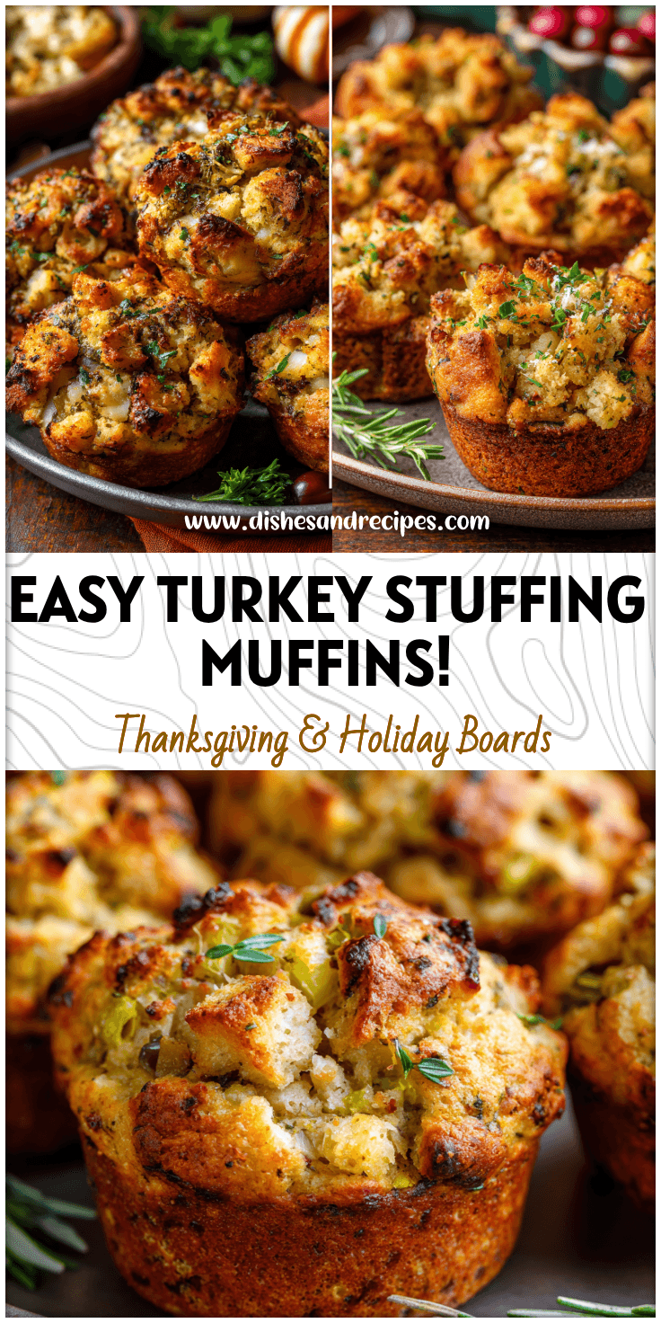Golden baked turkey and stuffing muffins in a pan with herbs and festive Thanksgiving tableware.